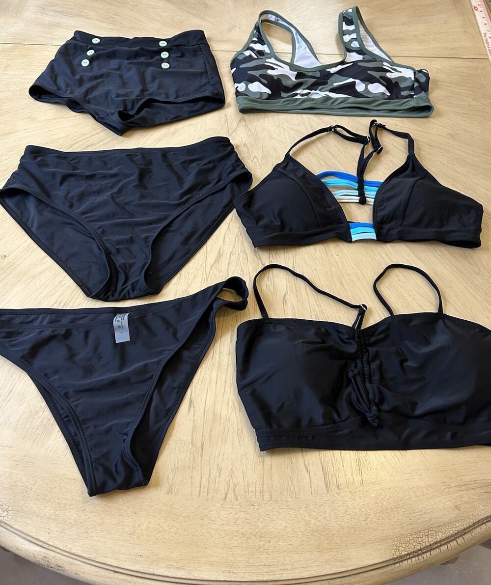 Set 6 Women's Bikini Bottoms & Top Separates Black Camo MIX MATCH High Waisted L